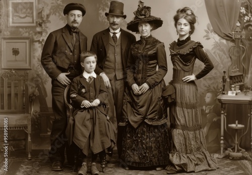old photo of family, in the victorian style, father mother and two daughters, black background, sepia tone. style of 19th century style, vintage retro style Sepia-Toned Vintage Family Portrait