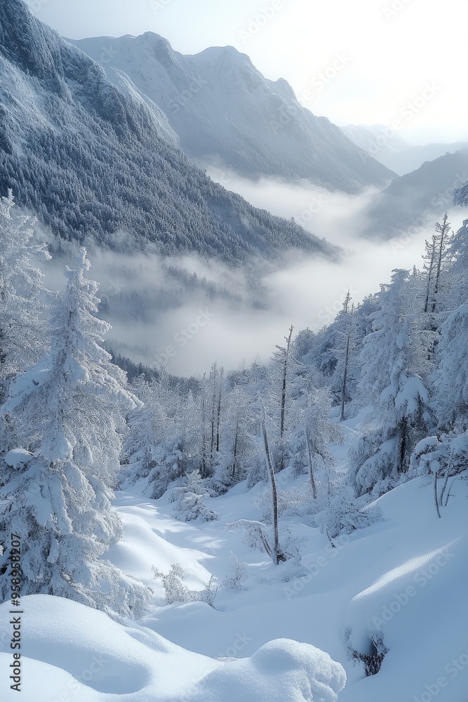 Fototapeta premium Fog rolling through snowy mountains covered in pine trees