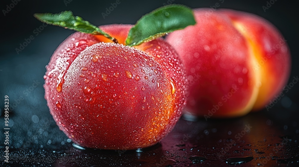 Fresh peaches resting on surface with water droplets Fresh peaches resting on surface with water droplets