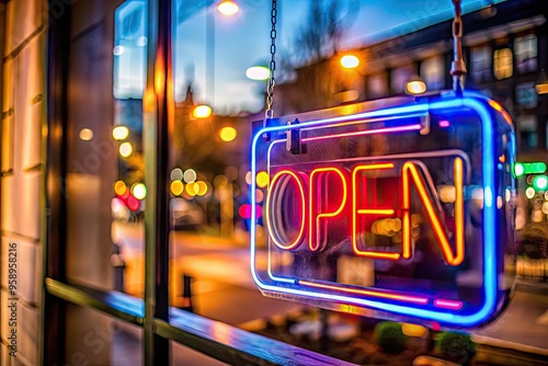 Neon Open Sign Illuminating Storefront Window With Blurred Urban Lights photo