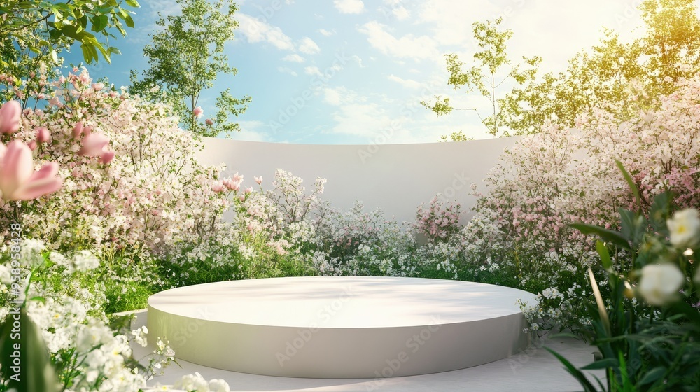 Natural beauty podium surrounded by blooming spring flowers in a 3D render, creating a serene and refreshing backdrop. Natural beauty podium surrounded by blooming spring flowers in a 3D render, creating a serene and refreshing backdrop.