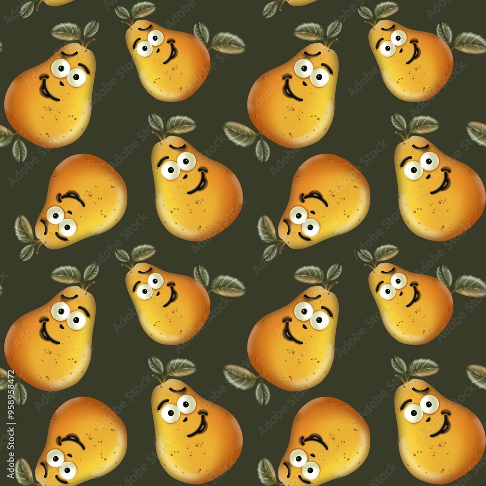 Colorful cartoon pears with various expressions on a dark background Colorful cartoon pears with various expressions on a dark background