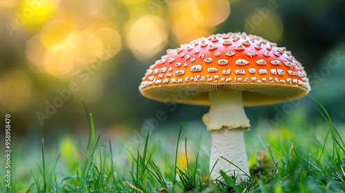 A Single Red Mushroom in Grass. Close-up of toadstool on grass. Amanita muscaria