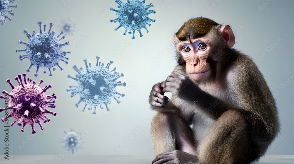 A monkey sits with a thoughtful expression as 3D renderings of viruses float in the background. A monkey sits with a thoughtful expression as 3D renderings of viruses float in the background.