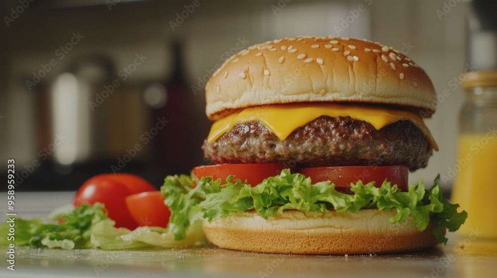 A cheeseburger being prepared, with ingredients like cheese, tomatoes, and lettuce arranged neatly on a kitchen counter. A cheeseburger being prepared, with ingredients like cheese, tomatoes, and lettuce arranged neatly on a kitchen counter.