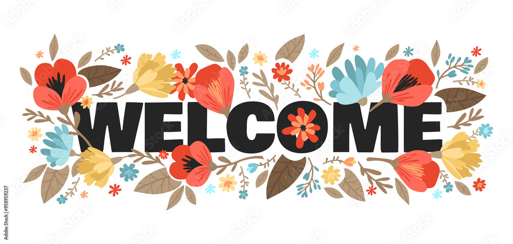 Welcome banner with flowers. PNG flat illustration isolated on a transparent background. Welcome banner with flowers. PNG flat illustration isolated on a transparent background.
