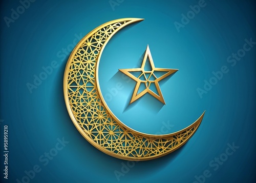 An intricately designed, golden-colored crescent moon and star symbol, set against a soft, gradient blue background, photo