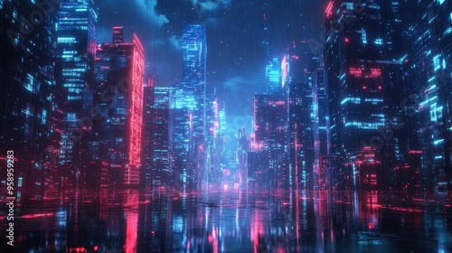 Neon-lit panoramic cityscape featuring sleek, high-tech architecture and digital effects, showcasing a futuristic urban environment.