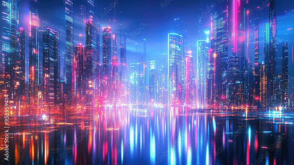 Neon-lit panoramic cityscape featuring sleek, high-tech architecture and digital effects, showcasing a futuristic urban environment. Neon-lit panoramic cityscape featuring sleek, high-tech architecture and digital effects, showcasing a futuristic urban environment.