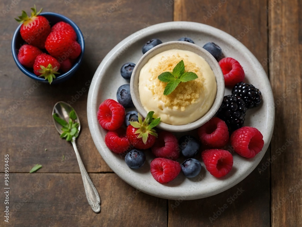 Fresh berries topped with semolina pudding displayed on a wooden surface, with ample space for text. Fresh berries topped with semolina pudding displayed on a wooden surface, with ample space for text.