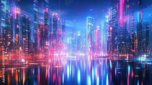 Neon-lit panoramic cityscape featuring sleek, high-tech architecture and digital effects, showcasing a futuristic urban environment.