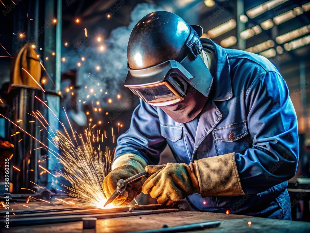Close-up of a metalworker's hands skillfully welding a intricate piece, sparks flying, surrounded by tools and metal Close-up of a metalworker's hands skillfully welding a intricate piece, sparks flying, surrounded by tools and metal