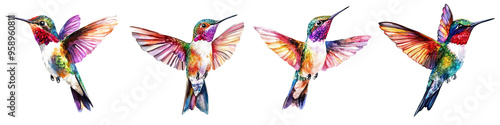 A vibrant collection of stylized hummingbirds showcasing colorful feathers in mid-flight, perfect for nature-themed designs.