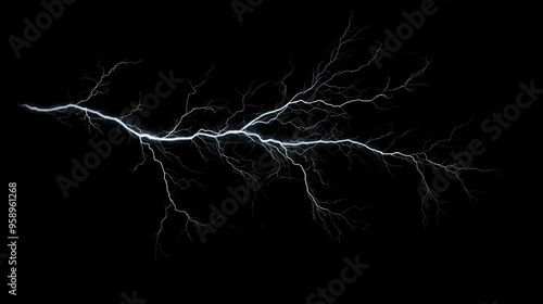 Powerful lightning bolt with complex branches isolated on a dark black background, showcasing the raw energy and dramatic impact of a lightning strike. photo