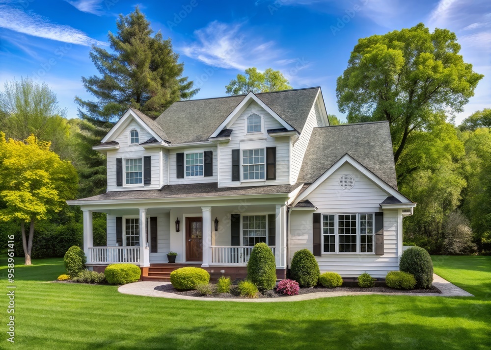 Cozy two-story suburban home with white siding, dark roof, and lush green lawn, surrounded by mature trees under Cozy two-story suburban home with white siding, dark roof, and lush green lawn, surrounded by mature trees under