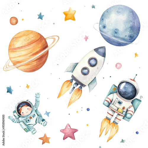 A whimsical illustration featuring astronauts, rockets, planets, and stars, perfect for children's themes and space exploration.