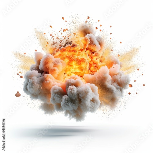 Flames and shockwave everywhere, massive explosion, disaster element, photorealistic design, huge fireball and debris, isolated on white background