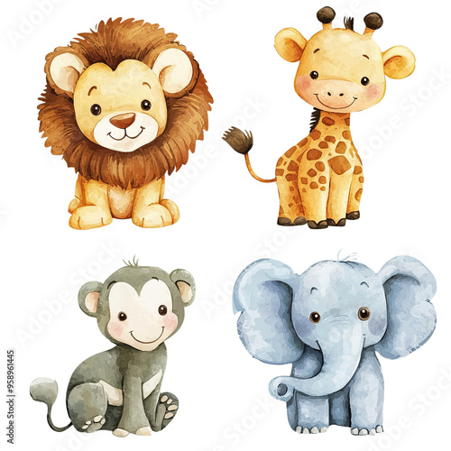 Adorable hand-drawn cartoon animals featuring a lion, giraffe, monkey, and elephant perfect for children's illustrations.