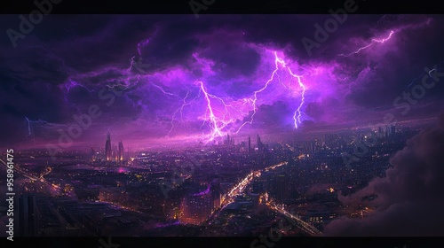 Powerful purple lightning storm over the city, with bolts of lightning illuminating the night sky and casting a dramatic and colorful glow over the urban landscape.