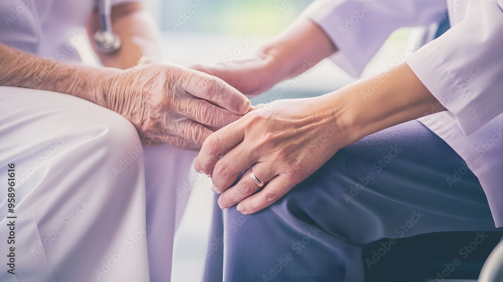Fototapeta premium Doctor holding a patient's hand with compassion.