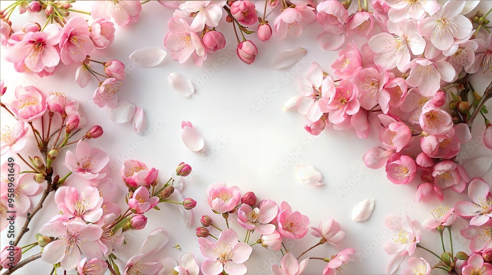 Delicate pink floral frame with soft petals and light highlights on a white background for elegant designs Delicate pink floral frame with soft petals and light highlights on a white background for elegant designs