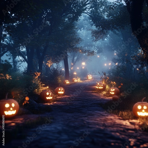 Enchanted Forest Trail at Night with Glowing Pumpkins and Ghostly Figures Amidst the Fog