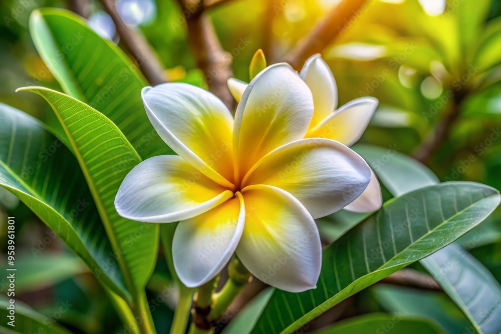 Delicate, exotic lirio flor blooms in shades of white and yellow, surrounded by lush greenery, evoking a sense Delicate, exotic lirio flor blooms in shades of white and yellow, surrounded by lush greenery, evoking a sense