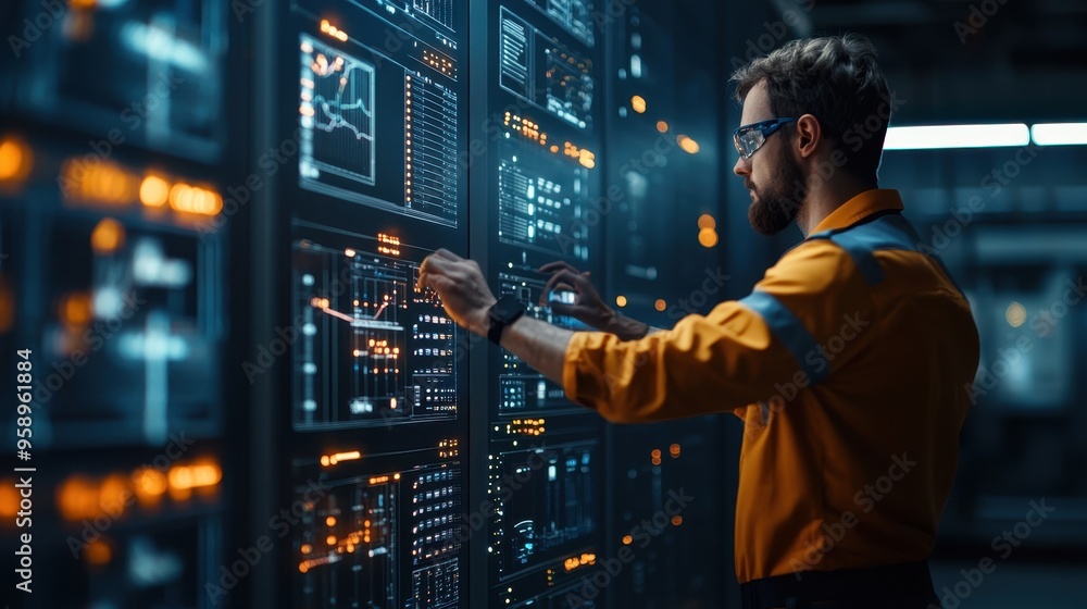 A technician monitors data on a control panel, analyzing metrics and ensuring optimal performance in a modern tech environment. A technician monitors data on a control panel, analyzing metrics and ensuring optimal performance in a modern tech environment.