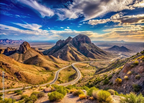 Panoramic View Of Rugged Mountains And Winding Roads In The Desert Landscape Of El Paso, Capturing The Vastness And Beauty Of The Southwest. photo