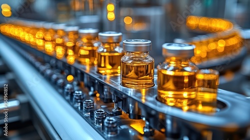 Vials on Conveyor Belt in Pharmaceutical Factory