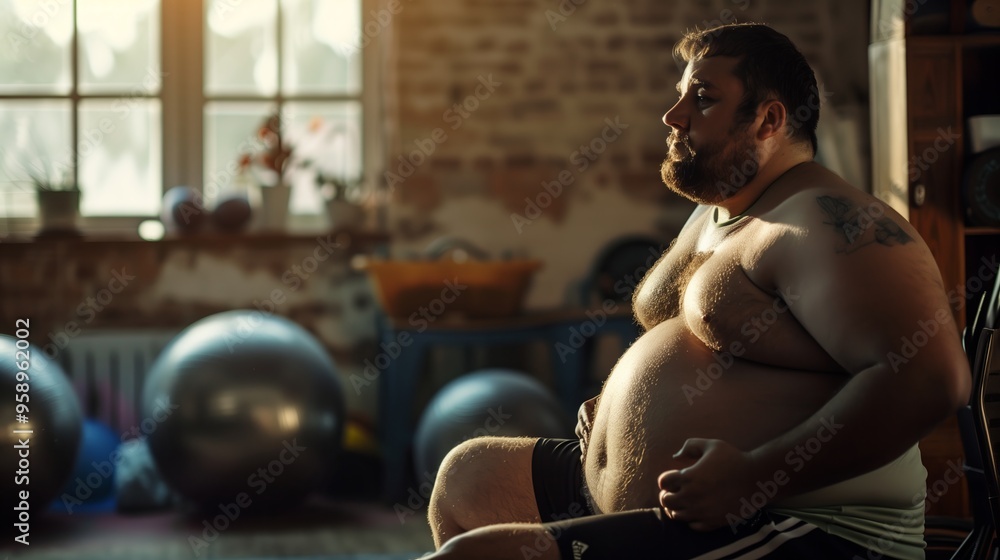 Obraz premium An overweight man sitting in sportswear in what appears to be a gym or fitness studio. He looks to the side thoughtfully, lightly scratching his stomach.
