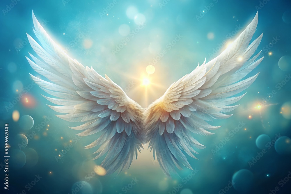 Delicate, intricately feathered wings with soft, luminous light emanating from within, suspended against a subtle, Delicate, intricately feathered wings with soft, luminous light emanating from within, suspended against a subtle,