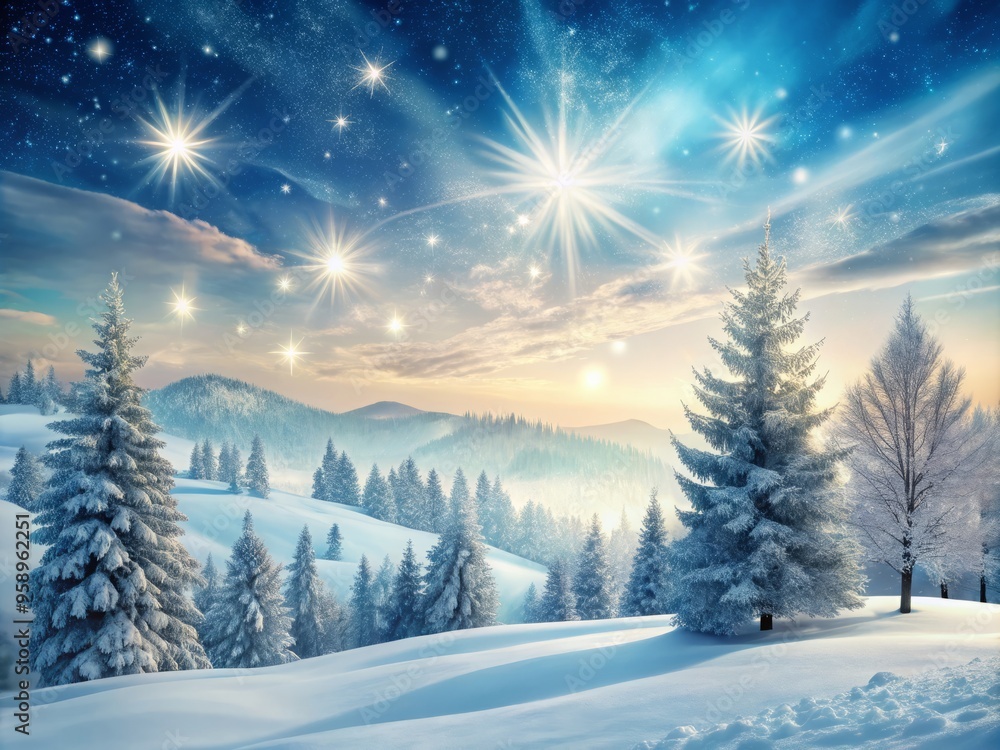 Delicate snowflakes gently fall on a serene winter landscape, blanketing rolling hills and evergreen trees in a soft, Delicate snowflakes gently fall on a serene winter landscape, blanketing rolling hills and evergreen trees in a soft,