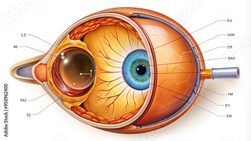 Detailed illustration of a human eyeball cross-section, labeled with anatomical parts such as iris, pupil, retina, photo