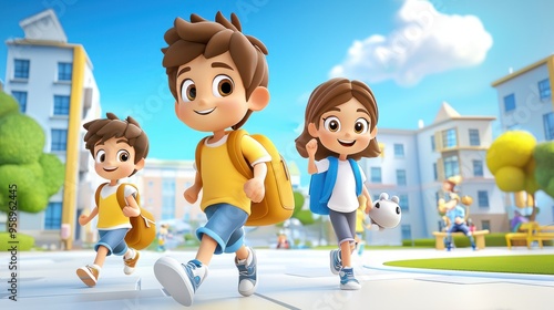 Joyful 3D Cartoon Students Embracing Fun During Recess Break at School Playground