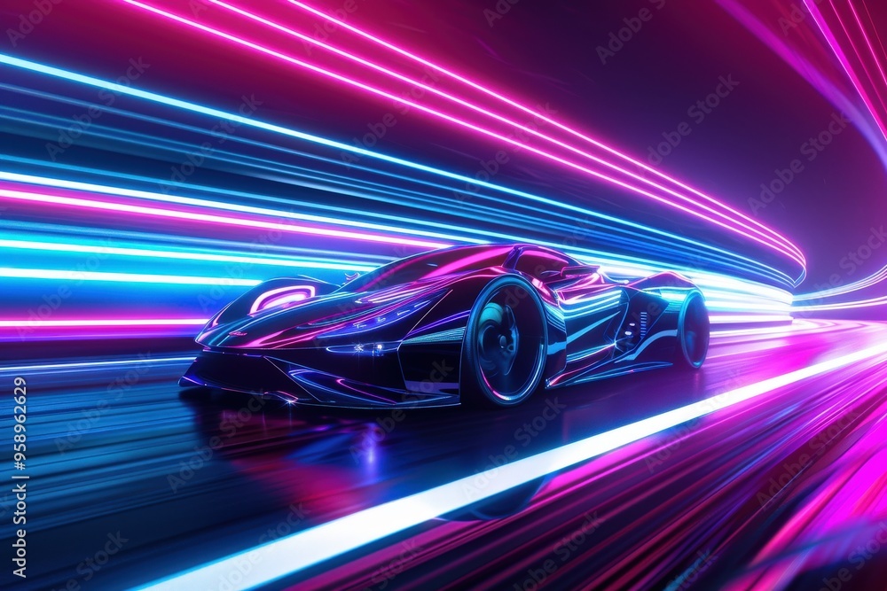 A car is driving down a road with neon lights in the background, generative ai image A car is driving down a road with neon lights in the background, generative ai image