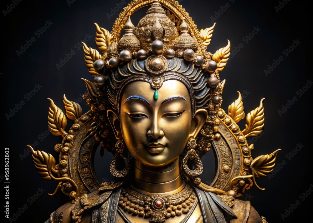 Fototapeta premium Elegant ancient statue of a serene gold deity with intricately designed headdress and ornate jewelry, set against a