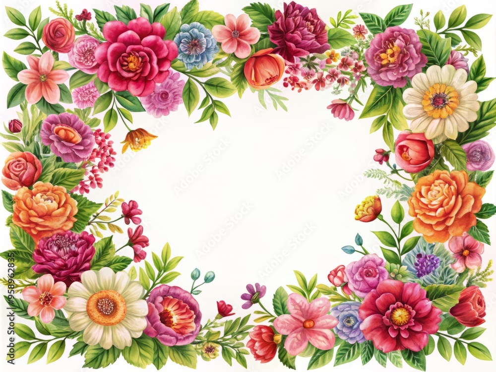Elegant Floral Frame Adorned With Vibrant Blooms, Delicate Leaves, And Intricate Vines, Creating A Captivating And Elegant Floral Frame Adorned With Vibrant Blooms, Delicate Leaves, And Intricate Vines, Creating A Captivating And