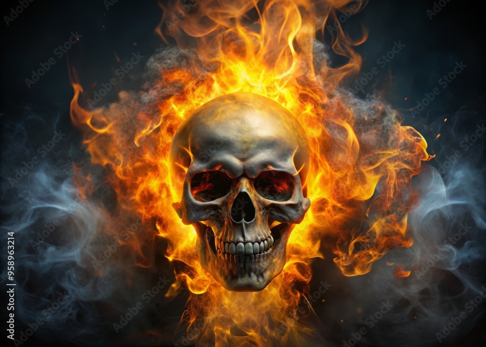 Fiery skull with glowing orange and yellow flames engulfing its bony surface, intense smoke billowing around, with a Fiery skull with glowing orange and yellow flames engulfing its bony surface, intense smoke billowing around, with a