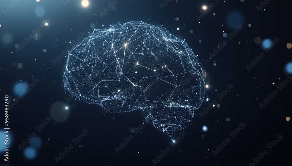 A minimalist digital brain made of glowing geometric shapes, set against an abstract dark blue background with scattered light particles Generative AI A minimalist digital brain made of glowing geometric shapes, set against an abstract dark blue background with scattered light particles Generative AI