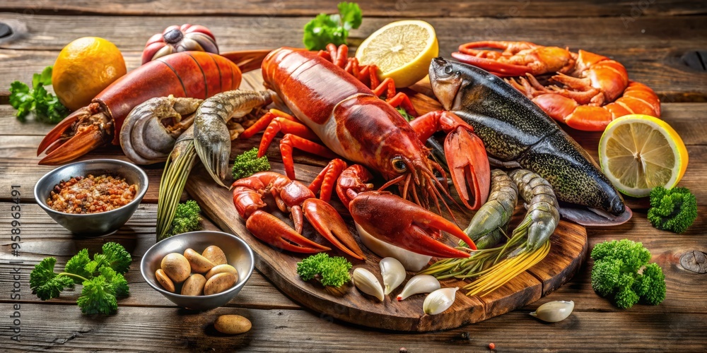 Freshly caught seafood assortment featuring lobster, crab, shrimp, mussels, and oysters, artfully arranged on a rustic Freshly caught seafood assortment featuring lobster, crab, shrimp, mussels, and oysters, artfully arranged on a rustic