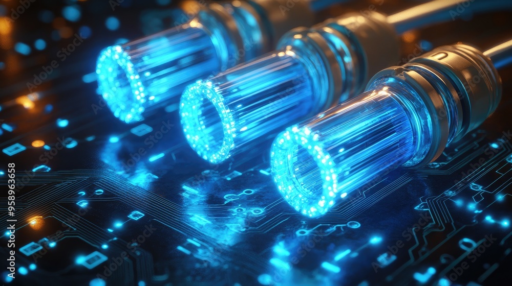 Futuristic blue glowing components on a circuit board, representing advanced technology. Futuristic blue glowing components on a circuit board, representing advanced technology.