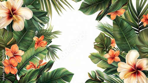 Green tropical leaf frame with delicate orange flowers on a white background for an exotic design