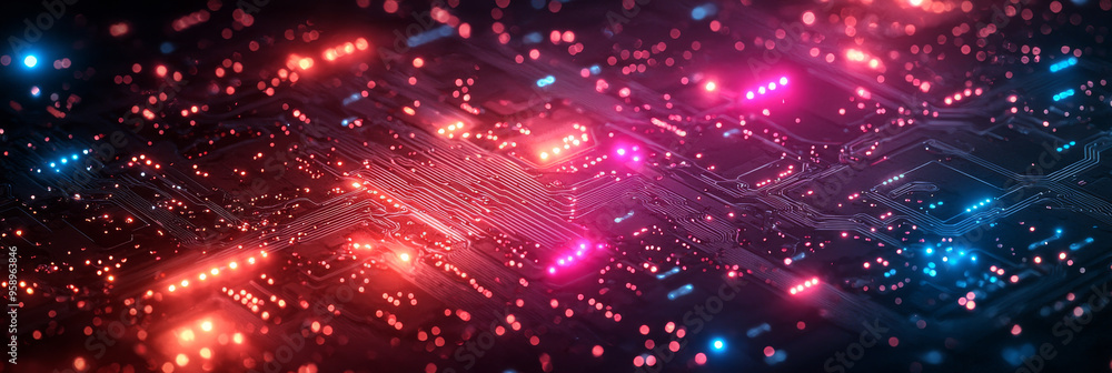Close-up of a circuit board with red and blue glowing lights. Close-up of a circuit board with red and blue glowing lights.
