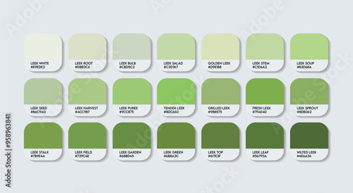 Leeks Color Palette, Leeks Green Color Guide Palette with Color Names. Catalog Samples of Green colors with RGB HEX codes. plastic, paint, natural Green colour, Fashion Trend Leeks Color shade tones
