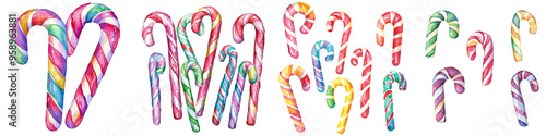 Colorful candy canes arranged playfully, perfect for festive celebrations, holiday decorations, and sweet seasonal treats.