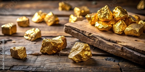 Glistening chunks of unrefined gold ore scattered on a weathered wooden tabletop, surrounded by mining equipment and