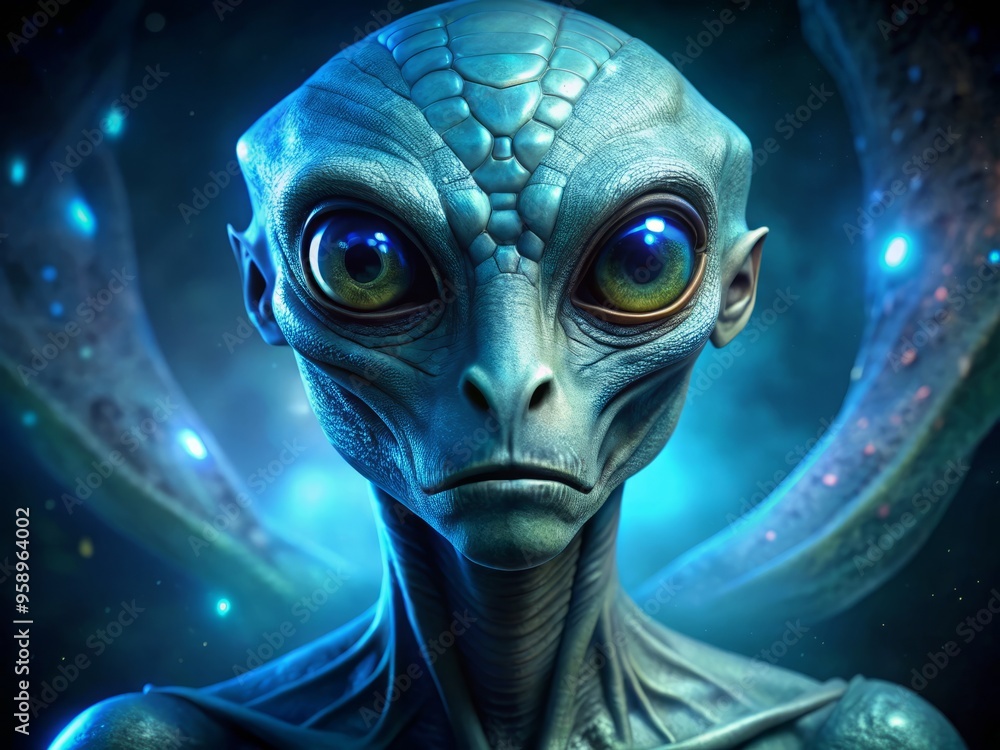 Glowing blue extraterrestrial with scaly, greenish skin, large black eyes, and sharp, pointed features, peering Glowing blue extraterrestrial with scaly, greenish skin, large black eyes, and sharp, pointed features, peering