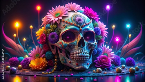 Glowing purple and blue neon lights illuminate a sugar skull's ornate details, surrounded by vibrant flowers, beads,