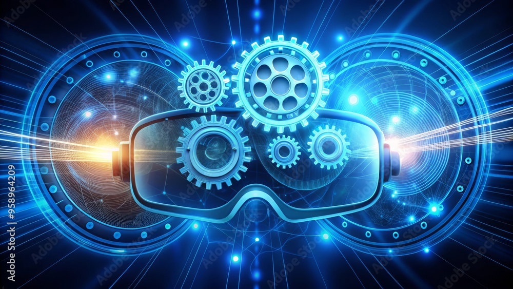 Glowing virtual reality headset icon with stylized gears and lightbulbs, surrounded by swirling blue lines, Glowing virtual reality headset icon with stylized gears and lightbulbs, surrounded by swirling blue lines,